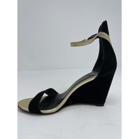 BRIAN ATWOOD Heels Womens 8 Black Suede Wedge Sandals Ankle Strap Gold Detail - Picture 7 of 11